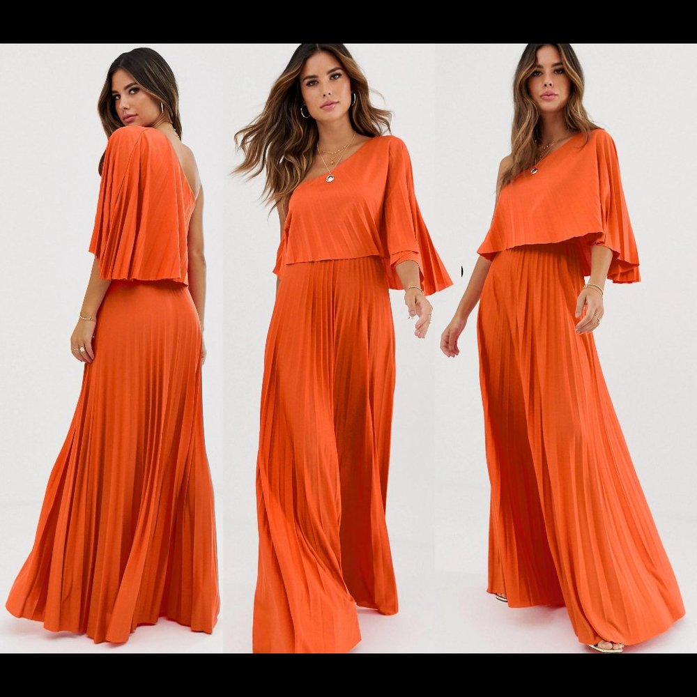 💥SPECTACULAR💥One Shoulder Chiffon Pleated Gown In Orange